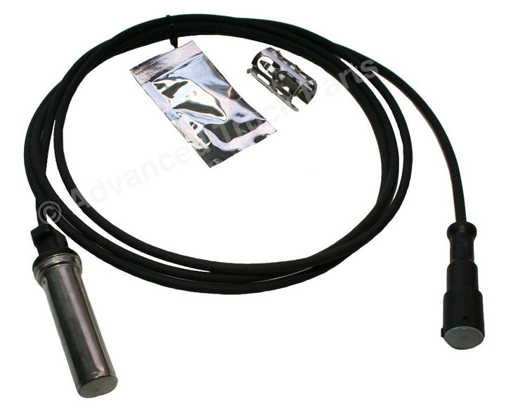 Advance Truck Parts USA straight ABS sensor kit showing a studio perspective of the metal sensor tip and connector end on a branded background