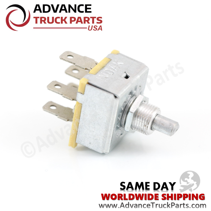Advance Truck Parts USA fan blower A/C switch displaying an angled studio view of the metal housing and rotary shaft on a branded background