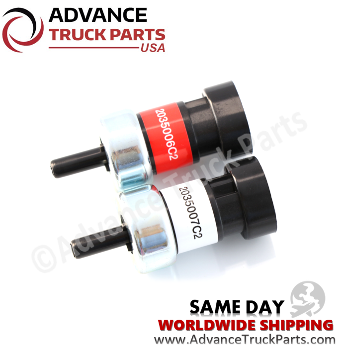 Advance Truck Parts USA air brake switch set displaying an angled studio perspective of the dual switches with metal housings and connector ports on a branded background