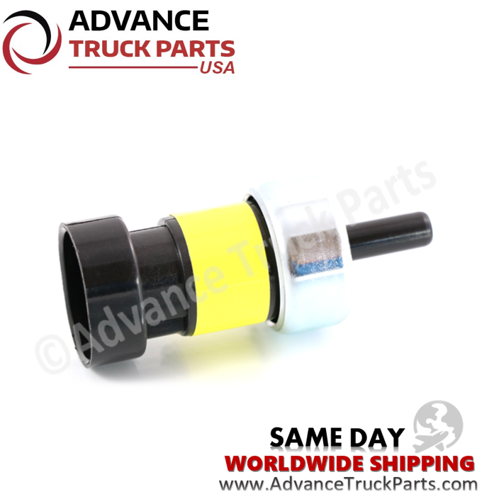 Advance Truck Parts USA Paccar pressure air brake switch showing a front-facing studio view of the black electrical connector port and yellow housing band on a branded background