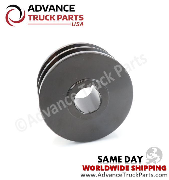 Advance Truck Parts USA 2-groove alternator pulley displaying an angled studio view focusing on the keyway bore and dual V-grooves 