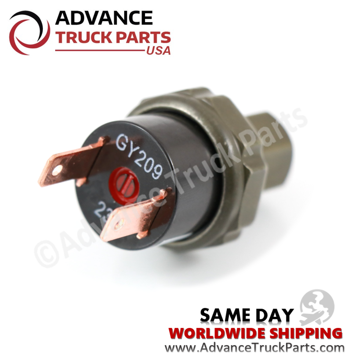 Advance Truck Parts USA Freightliner binary switch displaying a macro studio view of the copper terminal blades and black housing end