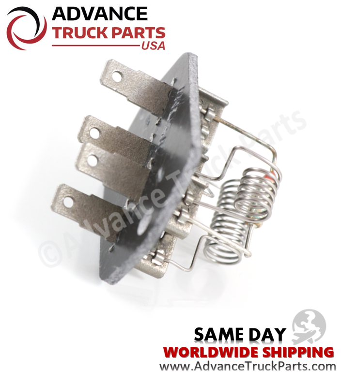 Advance Truck Parts USA blower motor resistor for Navistar International trucks displaying an angled studio view of the coil springs and electrical connectors on a branded background
