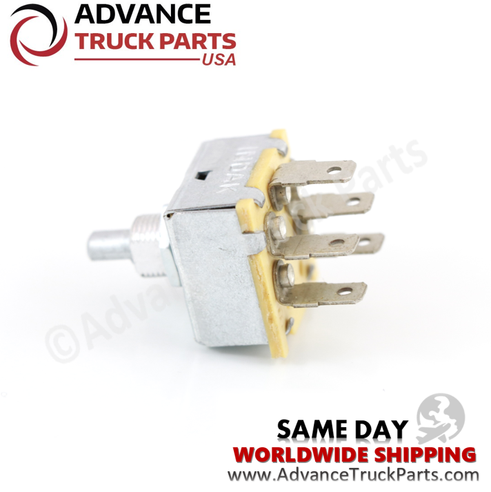 Advance Truck Parts USA fan blower A/C switch showing a rear studio perspective of the blade terminals and insulating base on a branded background