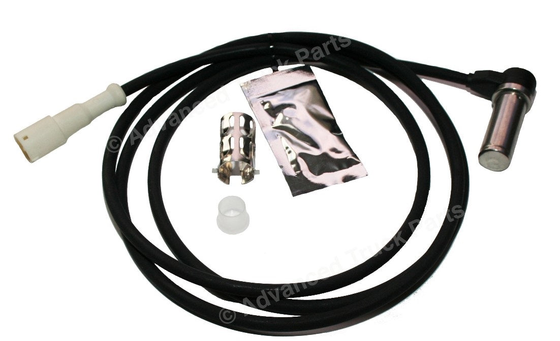Advance Truck Parts USA right angle ABS sensor kit displaying a top-down layout of the wiring harness, sensor probe, and installation components