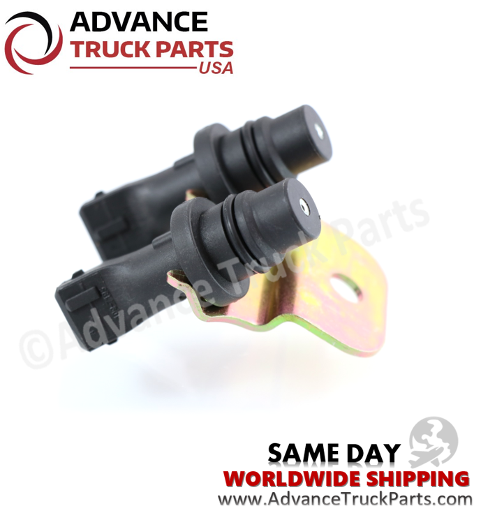 Advance Truck Parts USA Caterpillar speed sensor group showing a studio perspective of the mounting bracket base and terminal connectors on a branded background