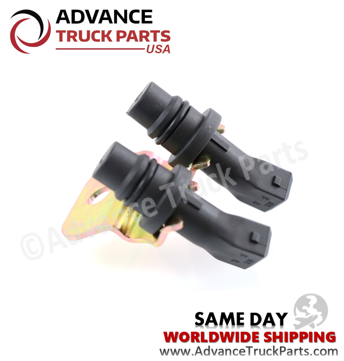 Advance Truck Parts USA Caterpillar speed sensor group showing a top-down studio perspective focusing on the sensor tips and mounting bracket hole on a branded background
