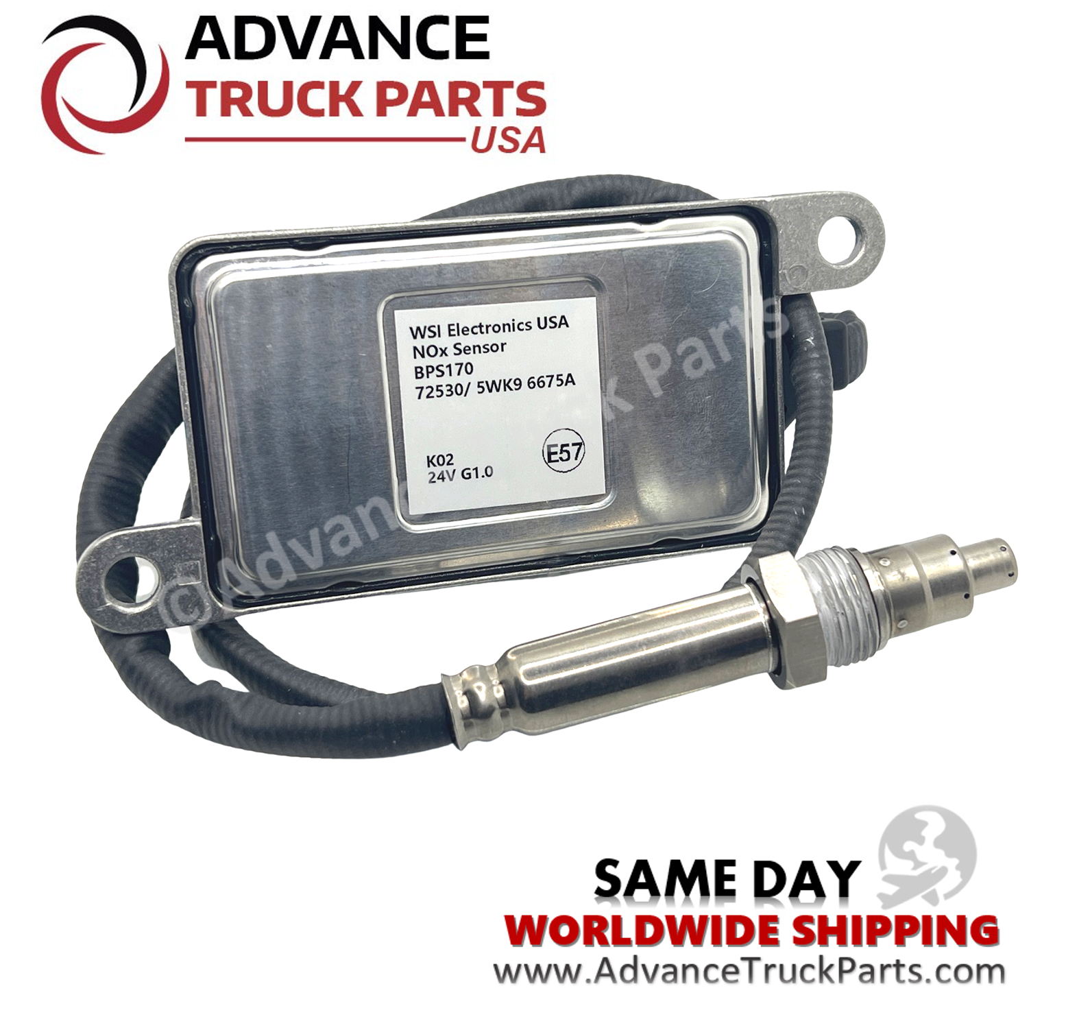 Advance Truck Parts USA Continental nitrogen oxide sensor displaying a studio view of the back panel label on the electronic control module