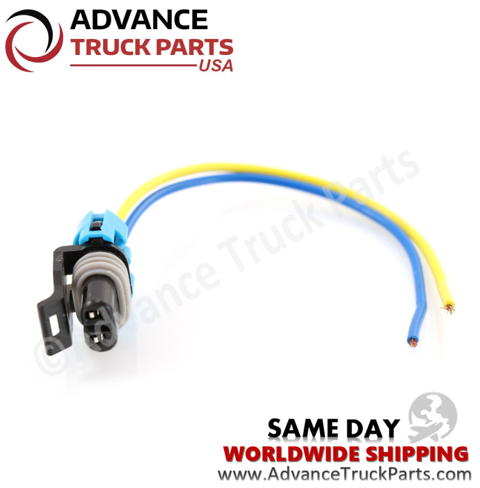 Advance Truck Parts USA 2-pin pigtail connector showing a studio perspective of the terminal openings and stripped wire ends on a branded background