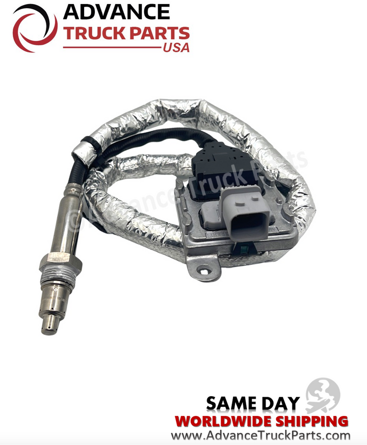 Advance Truck Parts USA NOx sensor showing a studio view of the complete sensor unit with protective heat shielding 