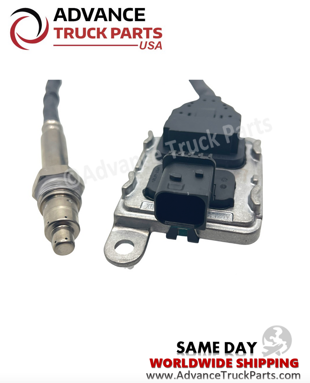 Advance Truck Parts USA Cummins nitrogen oxide sensor displaying a studio view of the harness connector and sensor tip