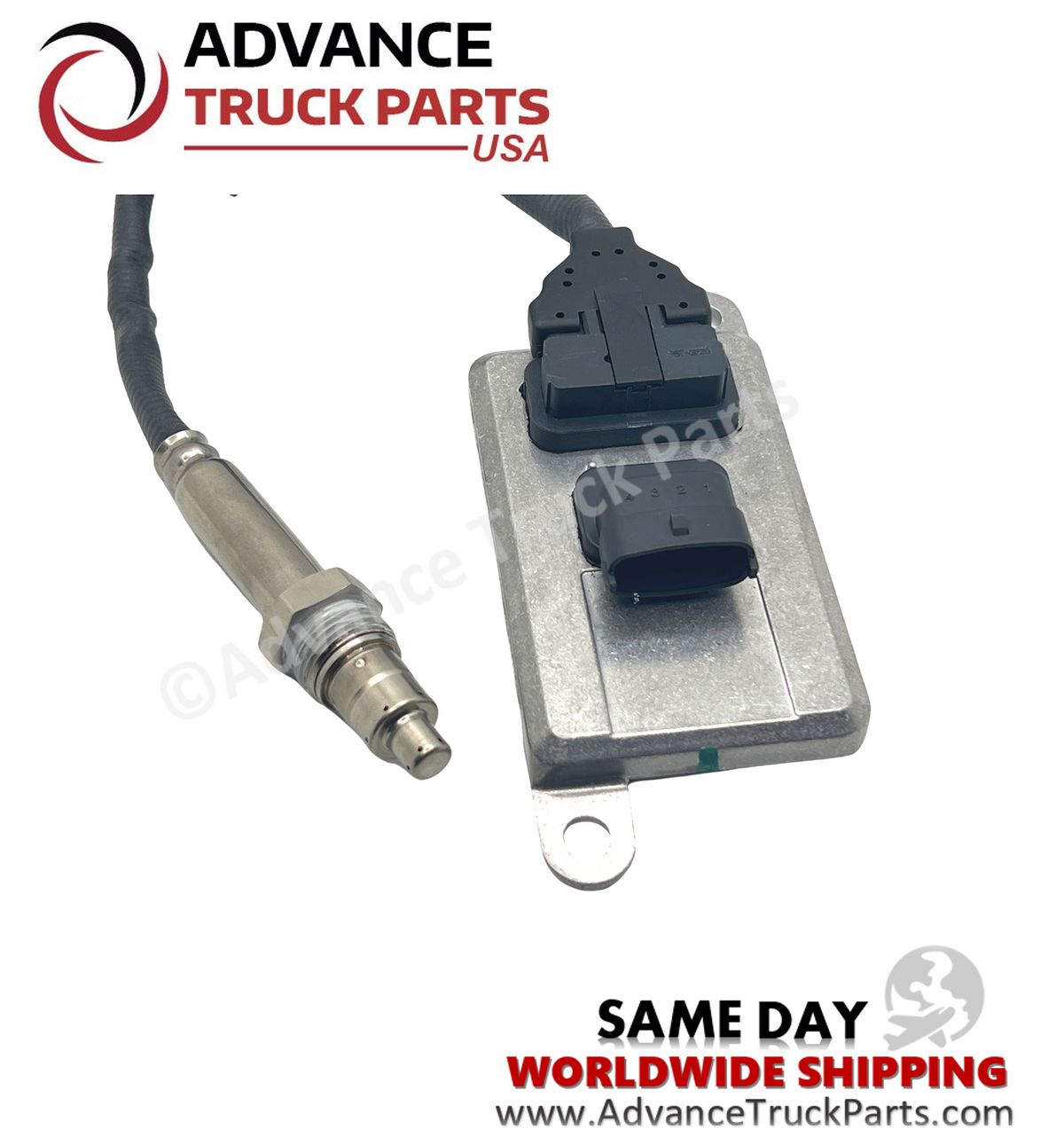 Advance Truck Parts USA Cummins nitrogen oxide sensor displaying a side angle of the module housing and threaded exhaust probe tip