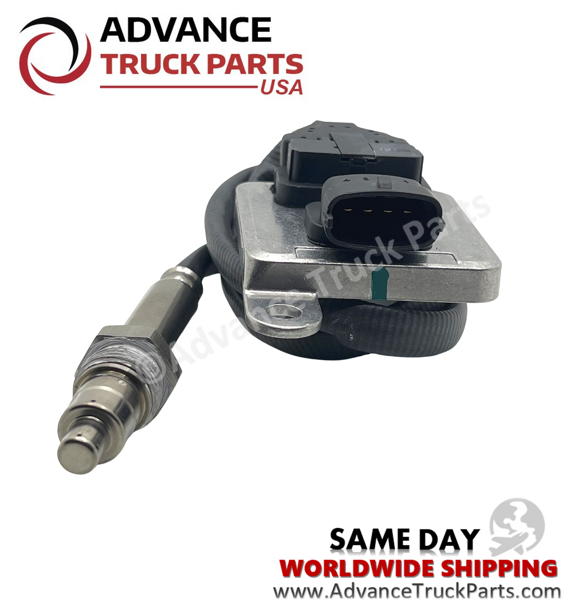 Advance Truck Parts USA Cummins nitrogen oxide sensor displaying an angled studio view of the threaded probe tip and control unit housing