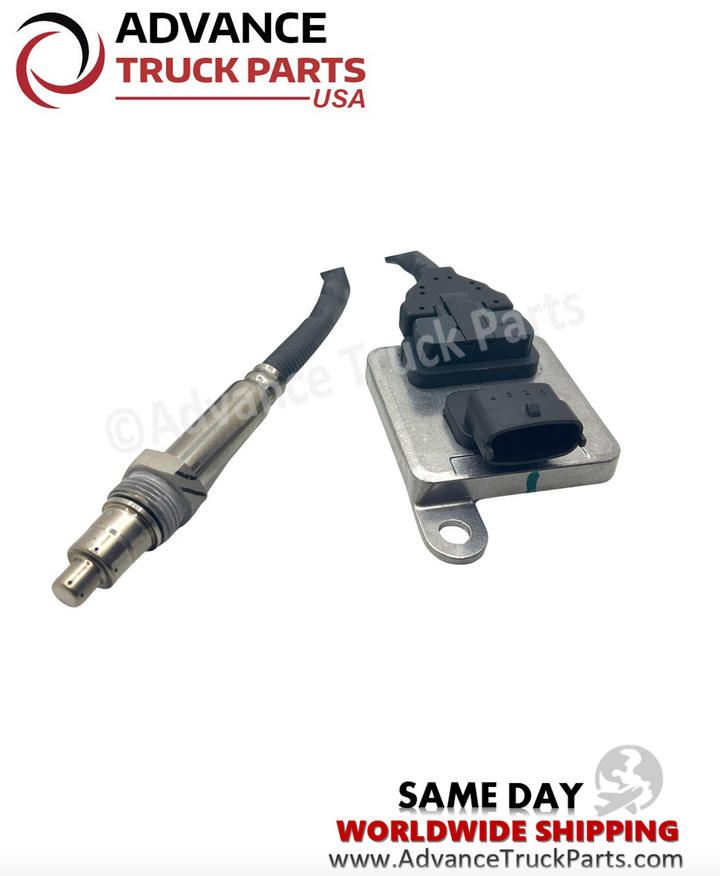 Advance Truck Parts USA NOx sensor showing a horizontal studio perspective of the complete sensor probe and control module assembly