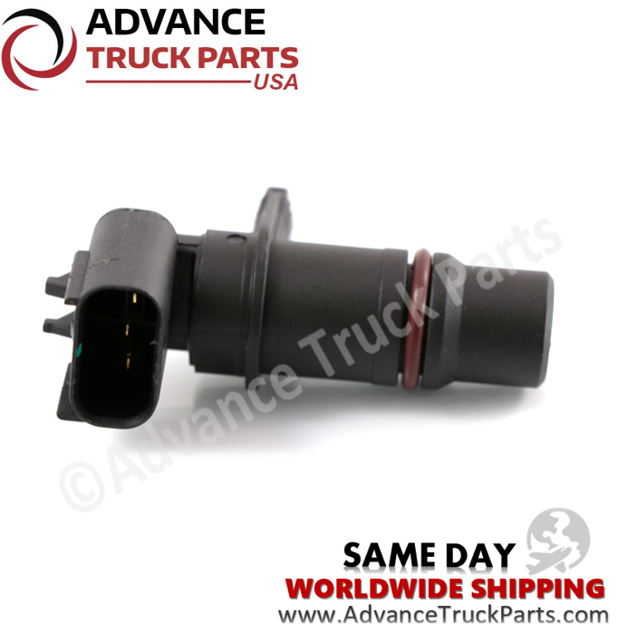 Advance Truck Parts USA Cummins camshaft and crankshaft position sensor displaying a side profile view of the terminal pins and cylindrical housing on a branded background