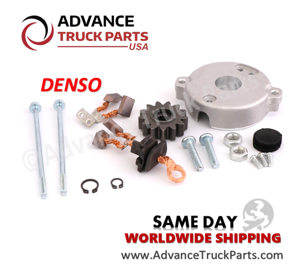 Advance Truck Parts USA Denso PMGR starter repair kit displaying an overhead studio view of all internal replacement parts 