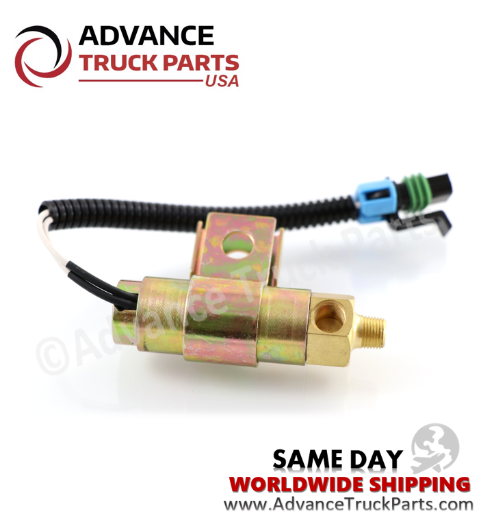 Advance Truck Parts USA branded studio horizontal view showing the mounting bracket and electrical connector of the Detroit 60 Series fan clutch solenoid valve