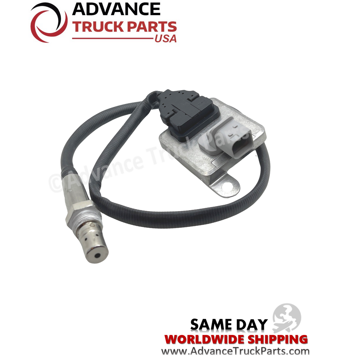 Advance Truck Parts USA Detroit Diesel nitrogen oxide sensor displaying an angled view of the module housing and threaded probe tip
