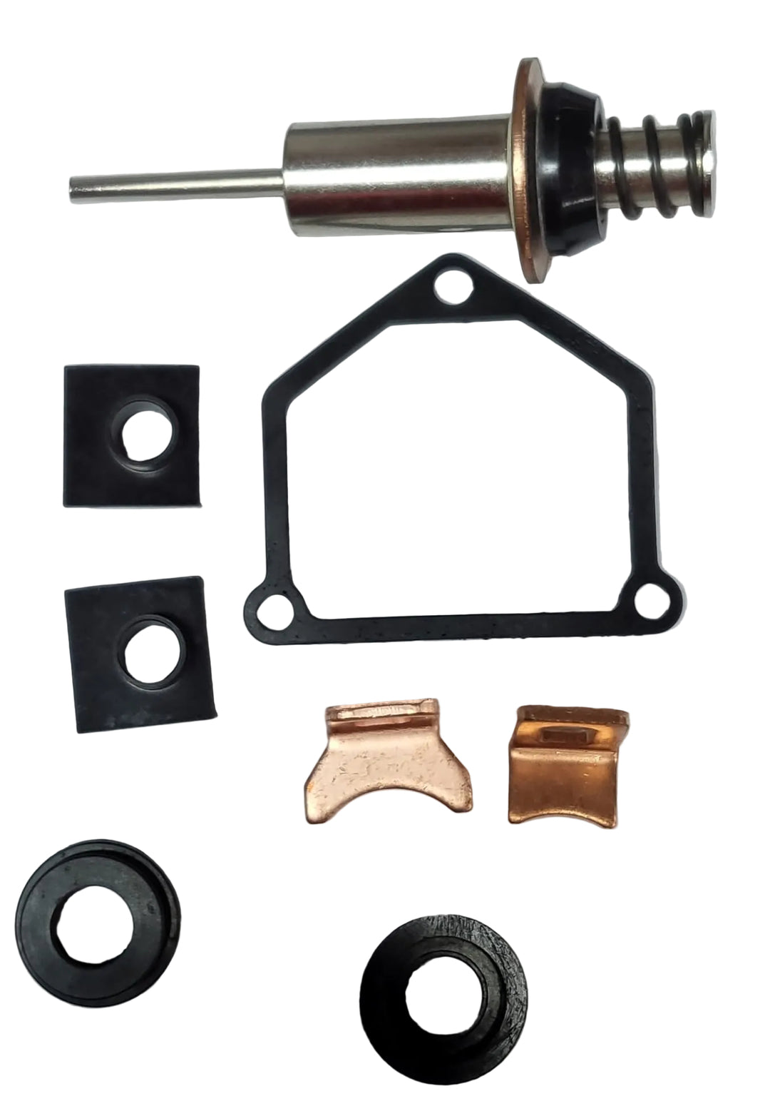 Advance Truck Parts USA Dodge Ram 2500 starter repair kit showing a clean studio view of the solenoid plunger, copper contacts, gaskets, and rubber seals on a plain white background