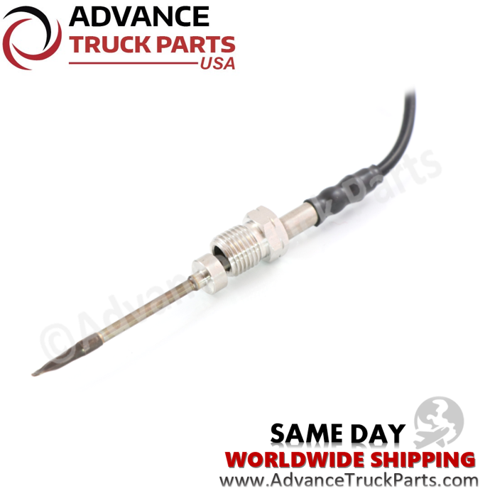 Advance Truck Parts USA exhaust gas temperature sensor showing a close-up studio view of the threaded metal fitting and probe tip on a branded background