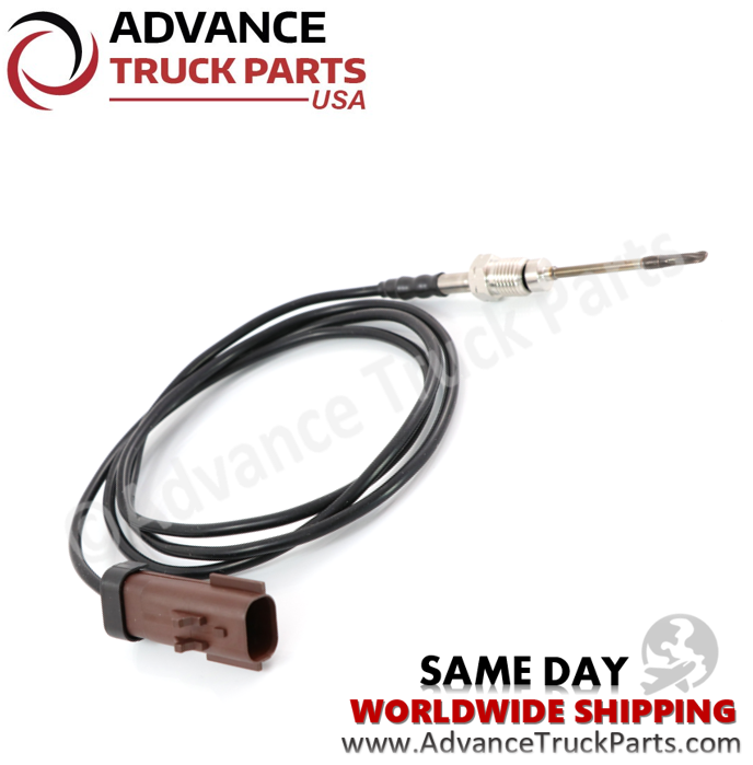 Advance Truck Parts USA Navistar exhaust gas temperature sensor displaying a studio perspective of the coiled wire harness and sensor tip on a branded background