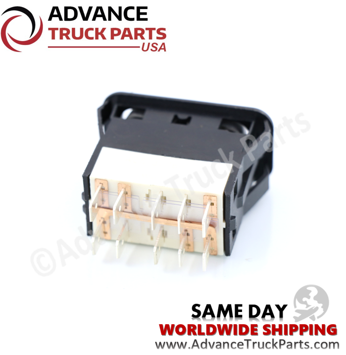 Advance Truck Parts USA Freightliner window switch showing a close-up studio view of the 10-pin electrical blade connections on a branded background