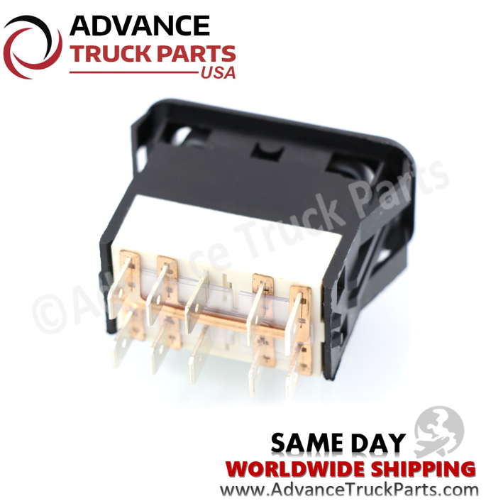 Advance Truck Parts USA Freightliner window switch showing a close-up studio view of the terminal blade array from a rear-angle perspective on a branded background