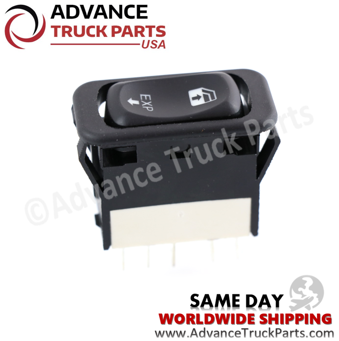 Advance Truck Parts USA Freightliner window switch displaying an angled studio perspective of the rocker button on a branded background