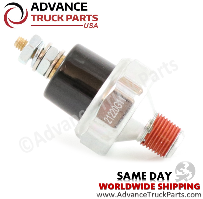 Advance Truck Parts USA oil pressure switch for Generac displaying an angled studio view of the electrical terminal studs and housing on a branded background