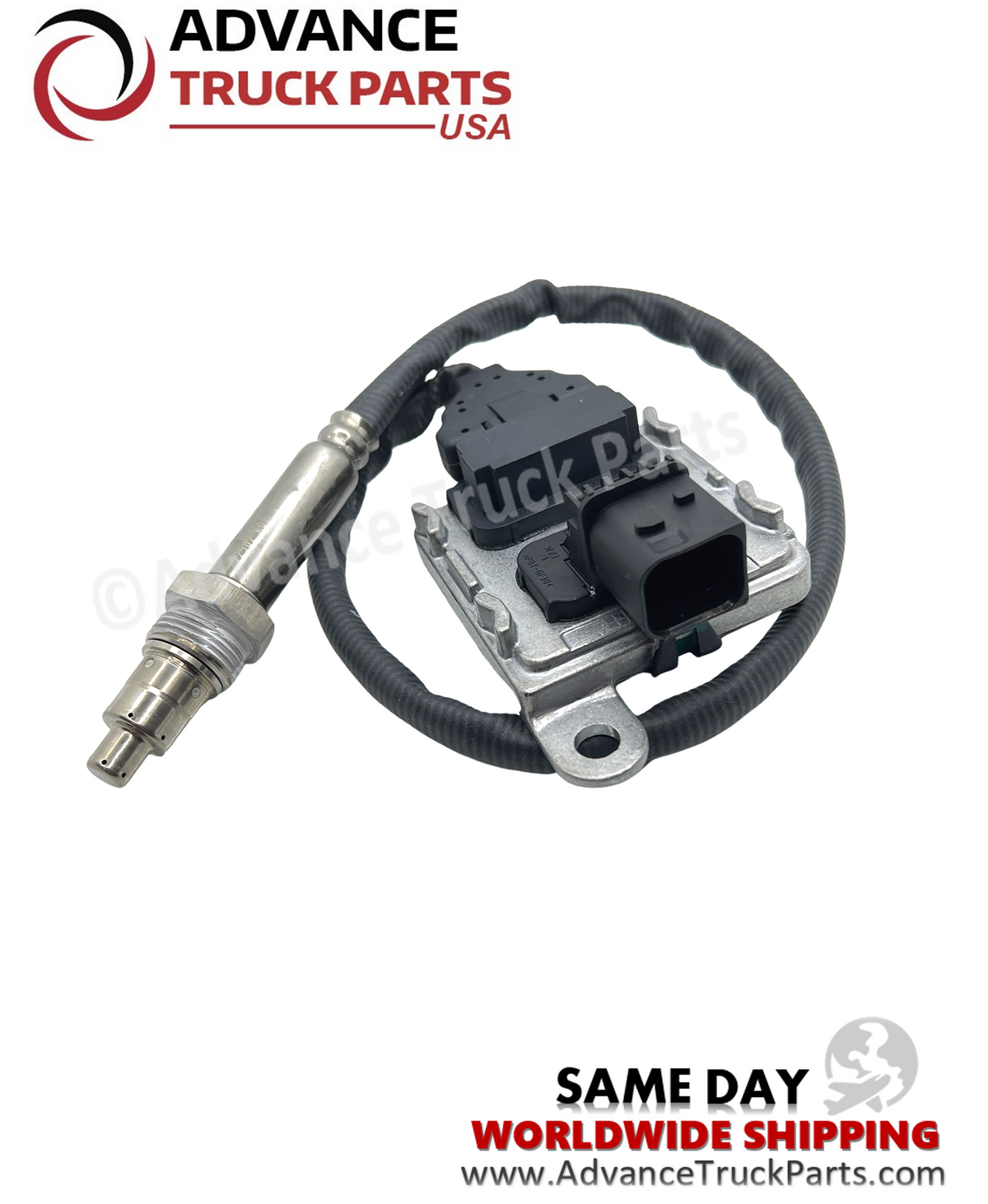Advance Truck Parts USA inlet nitrogen oxide sensor displaying a studio view of the wiring harness and control module 