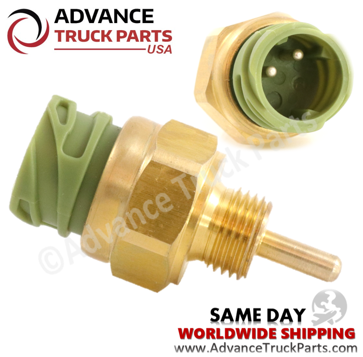 Advance Truck Parts USA International temperature sensor displaying a dual studio view highlighting the internal electrical terminal pins and sensor profile