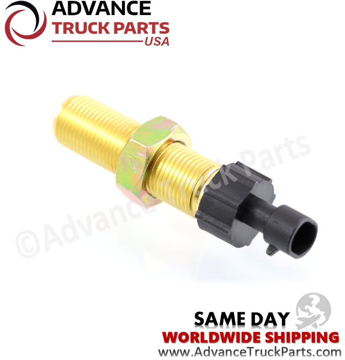 Advance Truck Parts USA Paccar, Kenworth, and Peterbilt speedometer sensor showing a side profile view of the threaded body and electrical plug on a branded background