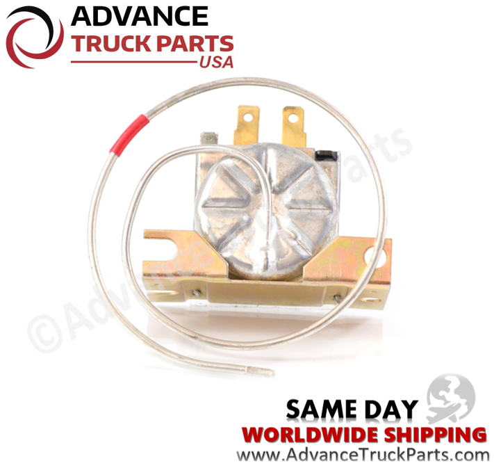 Advance Truck Parts USA Kenworth thermostat displaying an angled studio view of the front control housing and capillary sensor wire