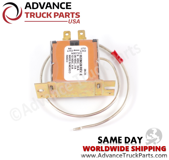 Advance Truck Parts USA Kenworth thermostat displaying an angled studio view of the specification label and mounting brackets 
