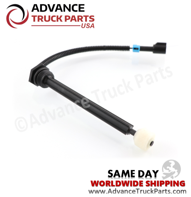 Advance Truck Parts USA Mack coolant level sensor displaying a side profile studio perspective of the assembly on a branded background