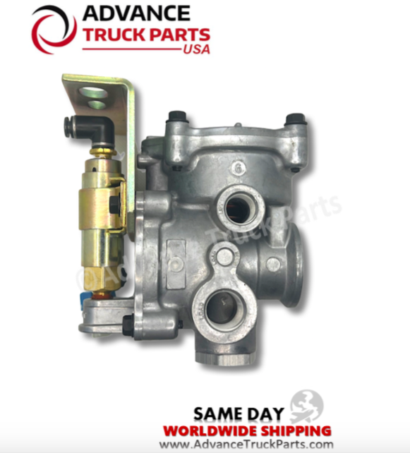 Advance Truck Parts USA lift axle valve profile view showing ports and solenoid on a branded background
