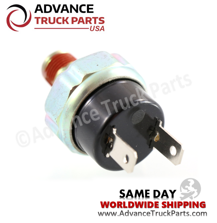 Advance Truck Parts USA Freightliner low air pressure switch showing a close-up studio view of the dual blade terminals on a branded background