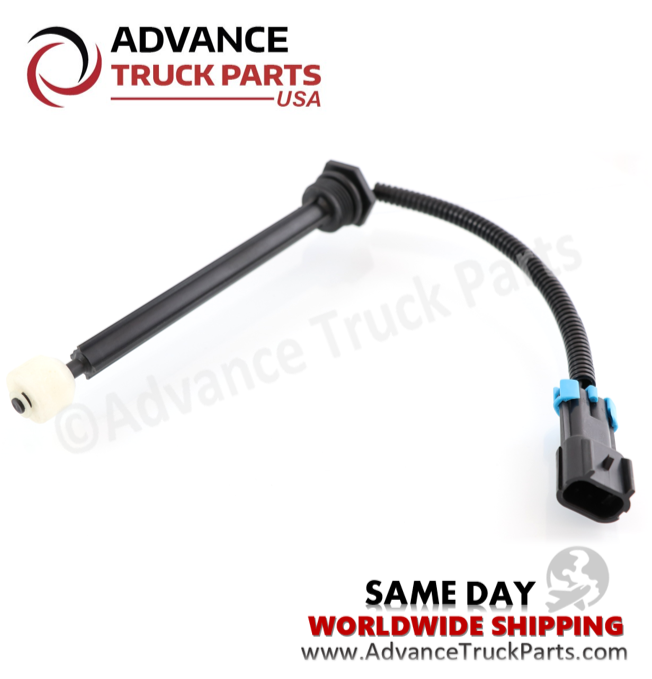 Advance Truck Parts USA Mack coolant level sensor displaying an angled studio perspective of the probe housing and connector on a branded background