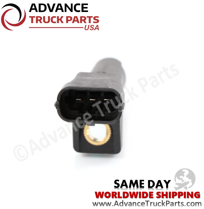 Advance Truck Parts USA Mercedes crankshaft position sensor displaying a close-up studio view of the electrical connector terminal pins on a branded background