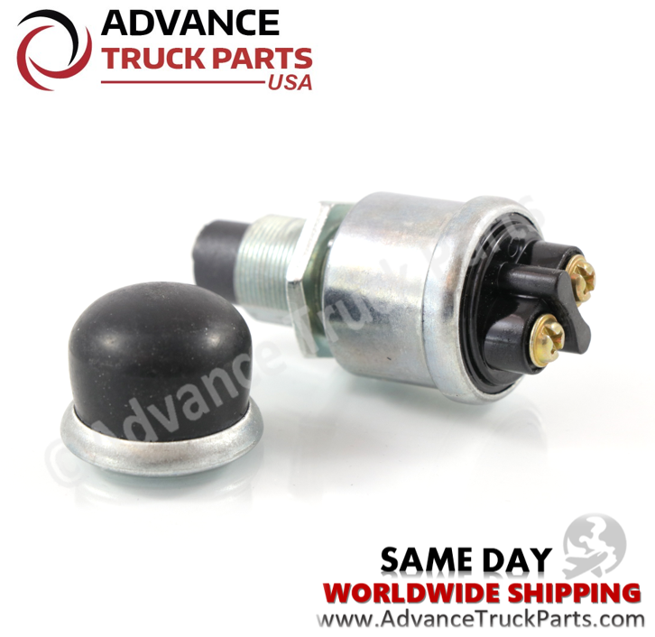 Advance Truck Parts USA push button momentary switch displaying a studio perspective of the switch body alongside its protective rubber cap 
