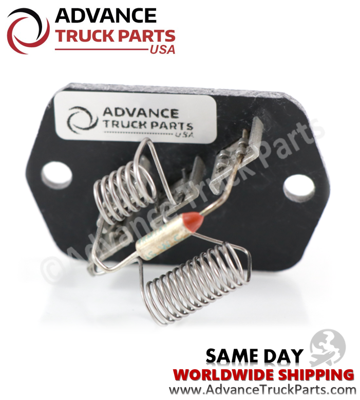 Advance Truck Parts USA blower motor resistor for Navistar International trucks showing a studio perspective of the mounting plate and thermal fuse on a branded background