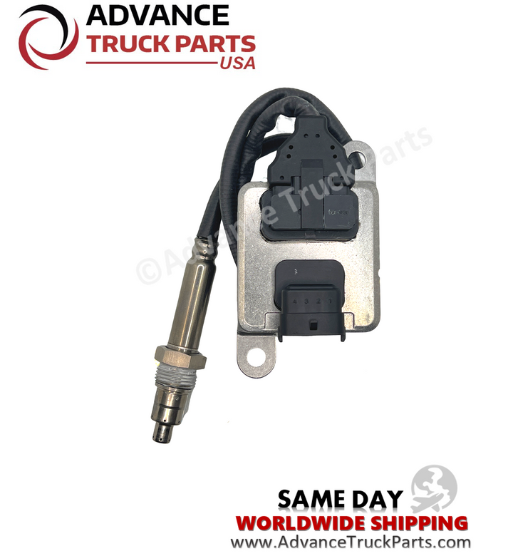 Advance Truck Parts USA nitrogen oxide sensor displaying a top-down studio view of the complete assembly including harness, module, and probe