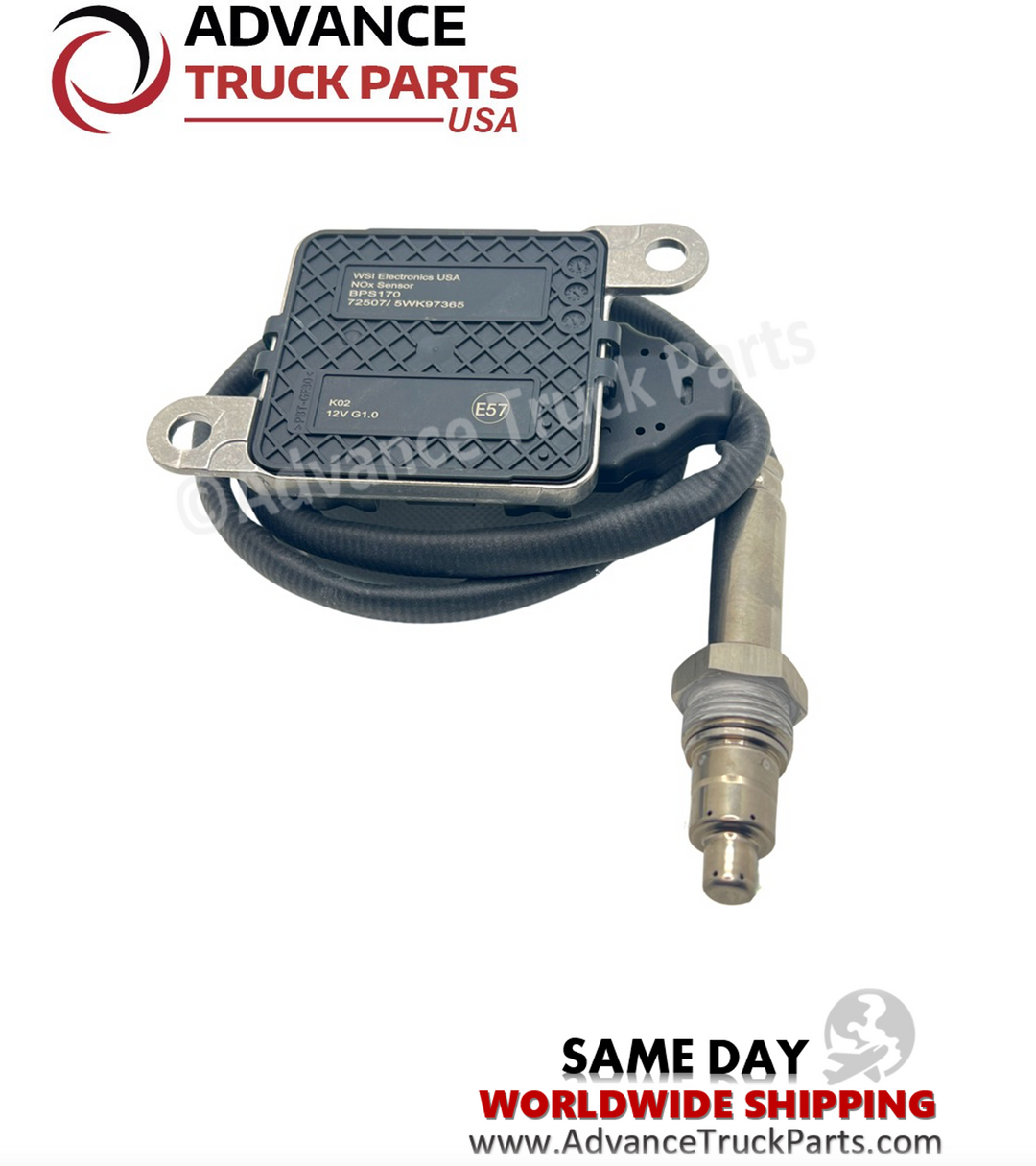 Advance Truck Parts USA Mack Volvo nitrogen oxide sensor showing a studio view of the back panel label on the control module