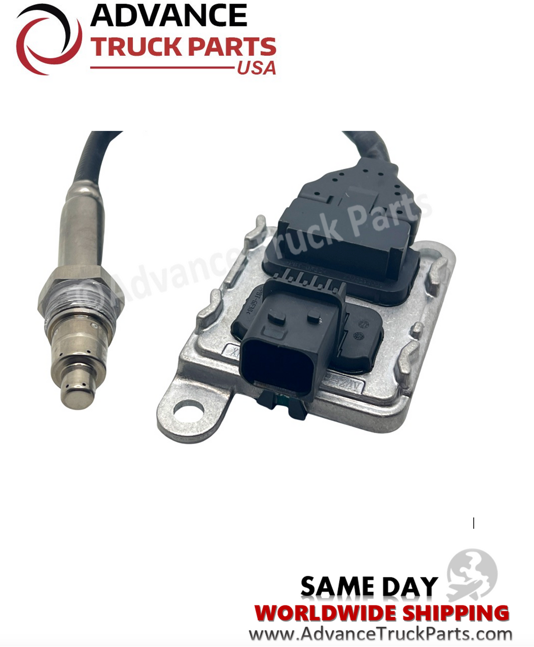 Advance Truck Parts USA nitrogen oxide sensor displaying a front-facing studio view focusing on the electrical connector and control unit
