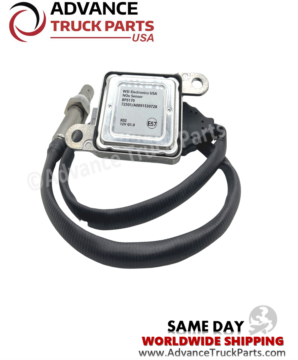 Advance Truck Parts USA nitrogen oxide sensor displaying a top-down view of the control module specification label 