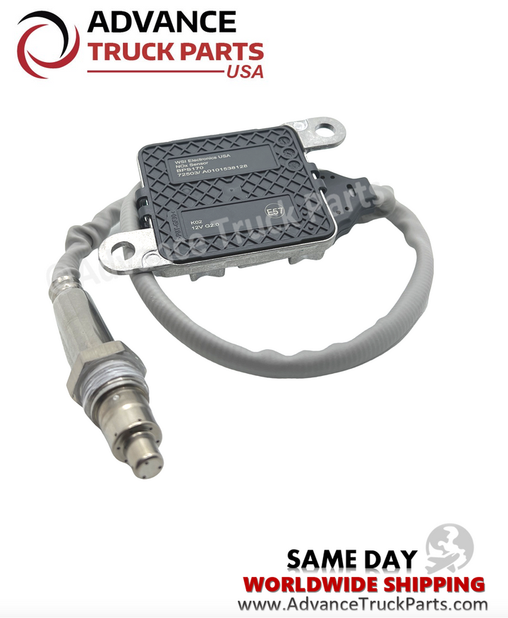 Advance Truck Parts USA nitrogen oxide sensor showing a studio view of the back panel label on the electronic control module 