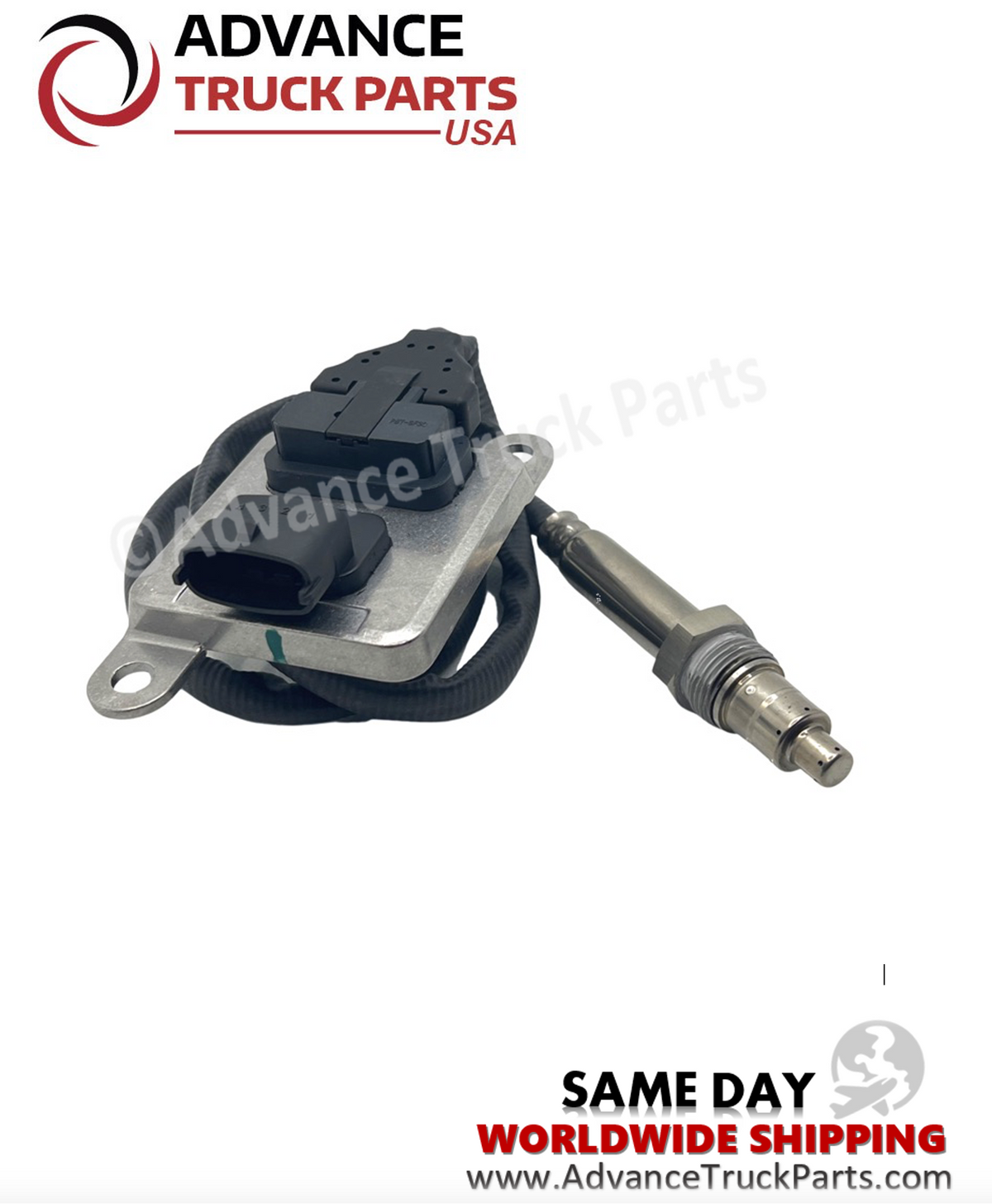 Advance Truck Parts USA NOx sensor displaying an angled studio view focusing on the electronic control unit connector housing 