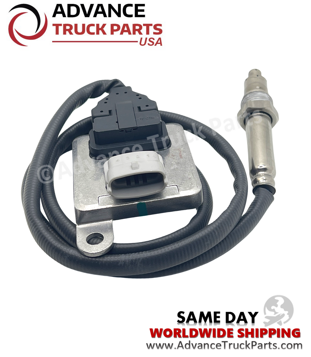 Advance Truck Parts USA outlet nitrogen oxide sensor showing a studio view of the complete assembly including the coiled wiring harness, control module, and probe