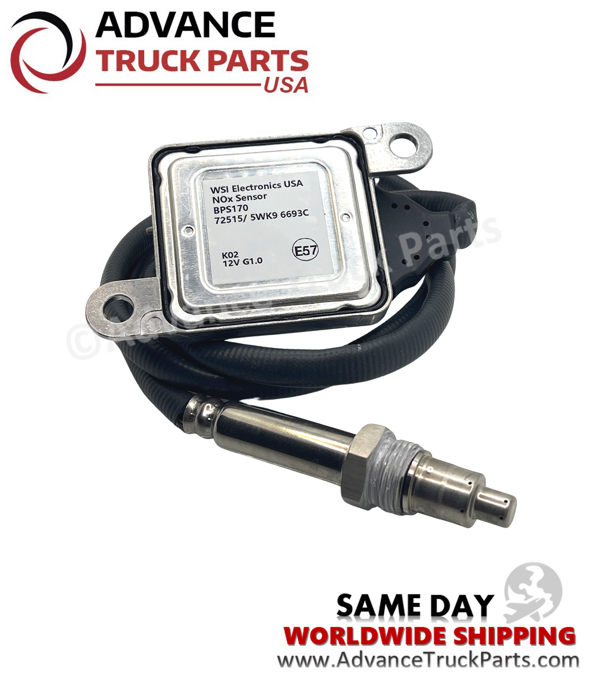 Advance Truck Parts USA outlet nitrogen oxide sensor displaying a studio view of the back panel label on the electronic control module