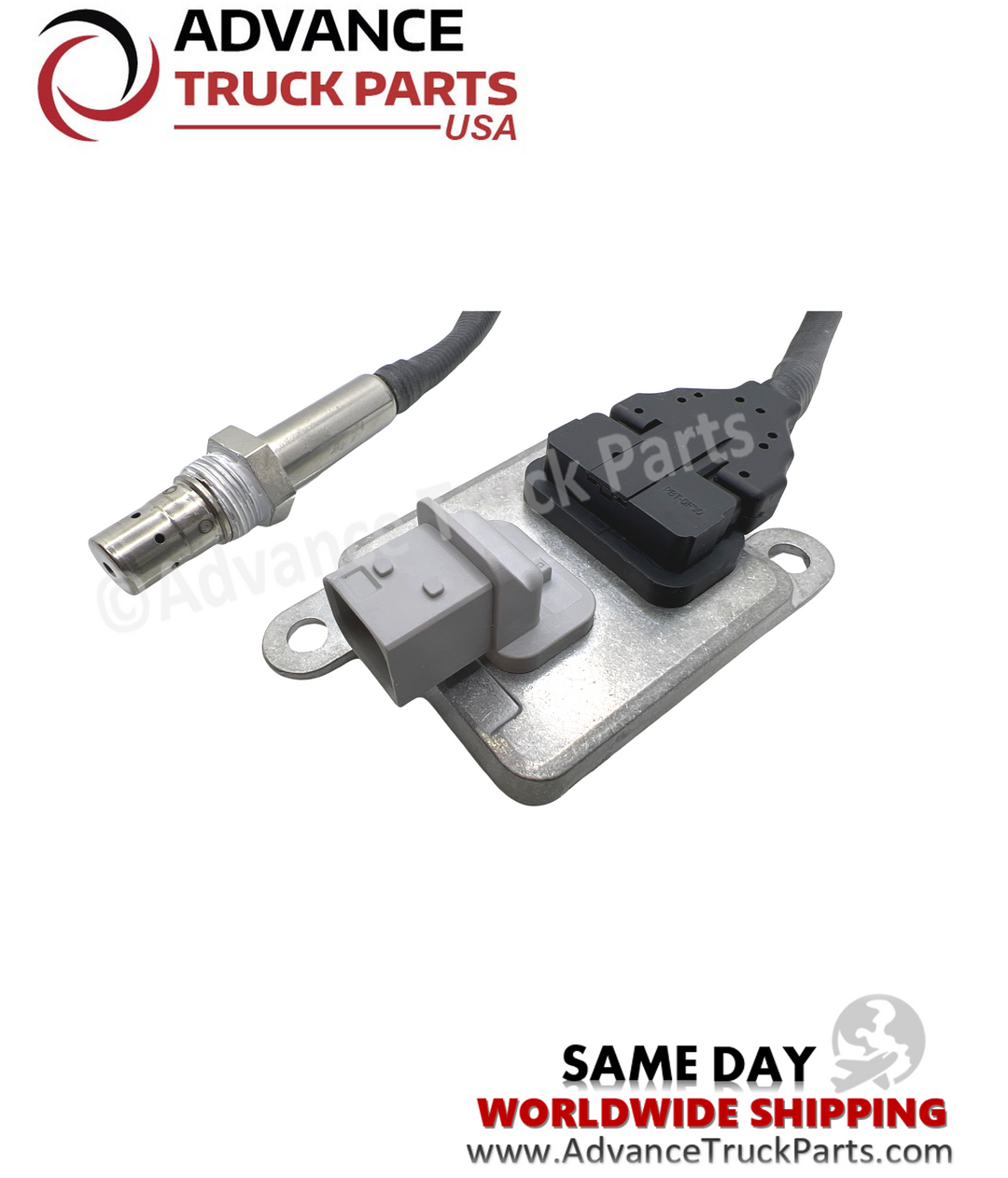 Advance Truck Parts USA outlet nitrogen oxide sensor showing a close-up studio view focusing on the connector port and wiring harness 